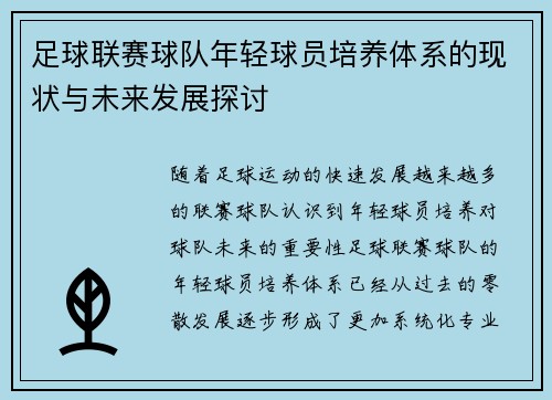 足球联赛球队年轻球员培养体系的现状与未来发展探讨