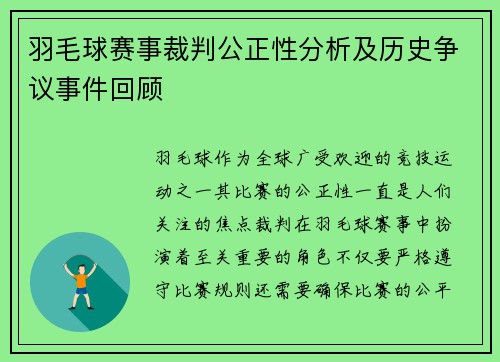 羽毛球赛事裁判公正性分析及历史争议事件回顾