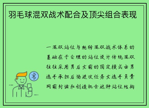 羽毛球混双战术配合及顶尖组合表现